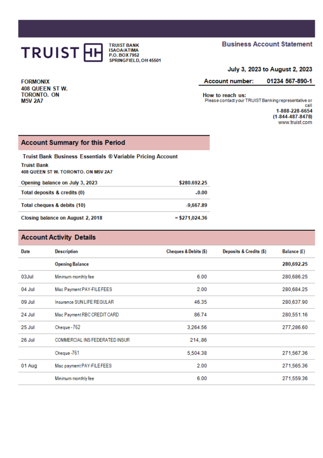 Modèle Word et PDF de relevé de compte d'entreprise Truist Bank
